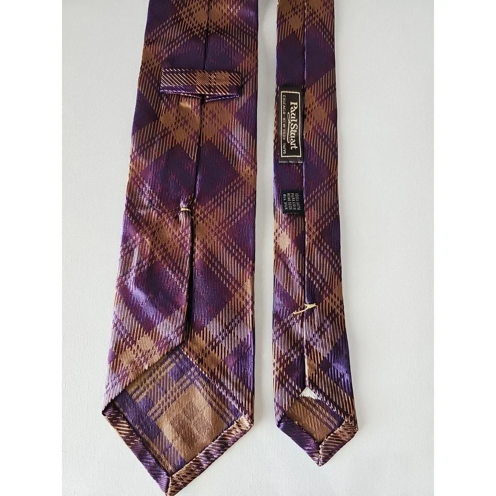 Paul Stuart Brown‎ Purple Plaid Design Handmade 100% Silk Neck Tie Made in Italy